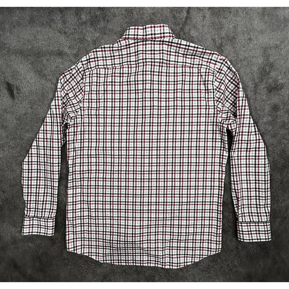 Banana Republic Men L Camden Fit Non-Iron Red Gray Black Herringbone Plaid Shirt